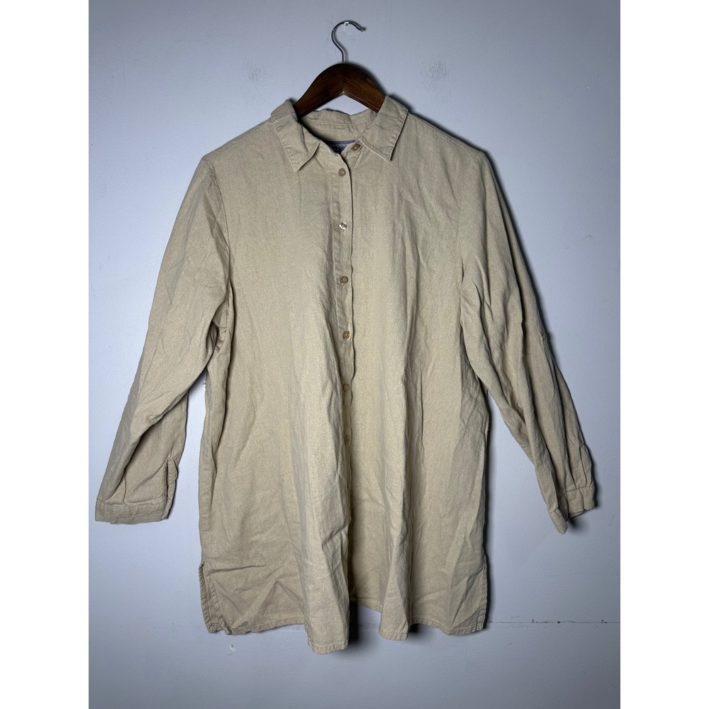 Jessica London Tan Linen Blend Roll Tab Sleeve Tunic Shirt Plus Size 18W Coastal